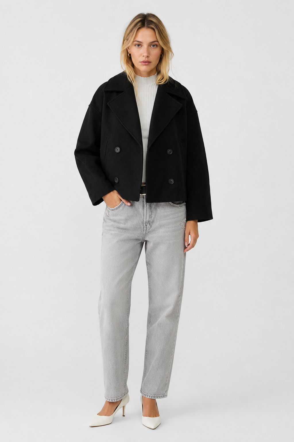 Women's Cropped Wool Pea Coat with a Button Front – view 15