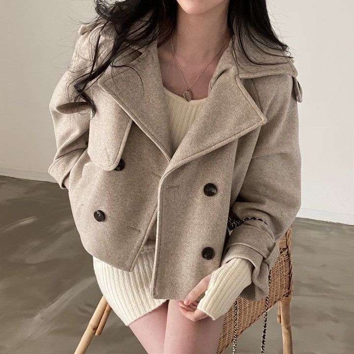 Women's Short Wool Pea Coat in Beige