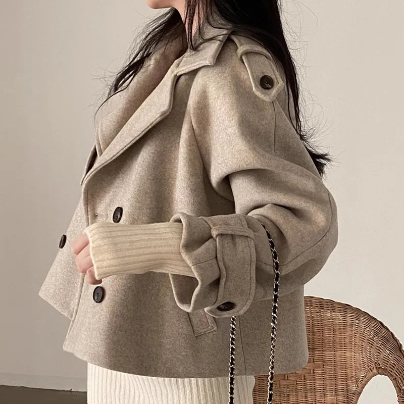 Women's Short Wool Pea Coat in Beige – view 2