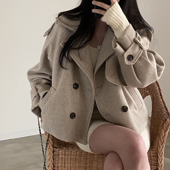 Women's Short Wool Pea Coat in Beige – view 3
