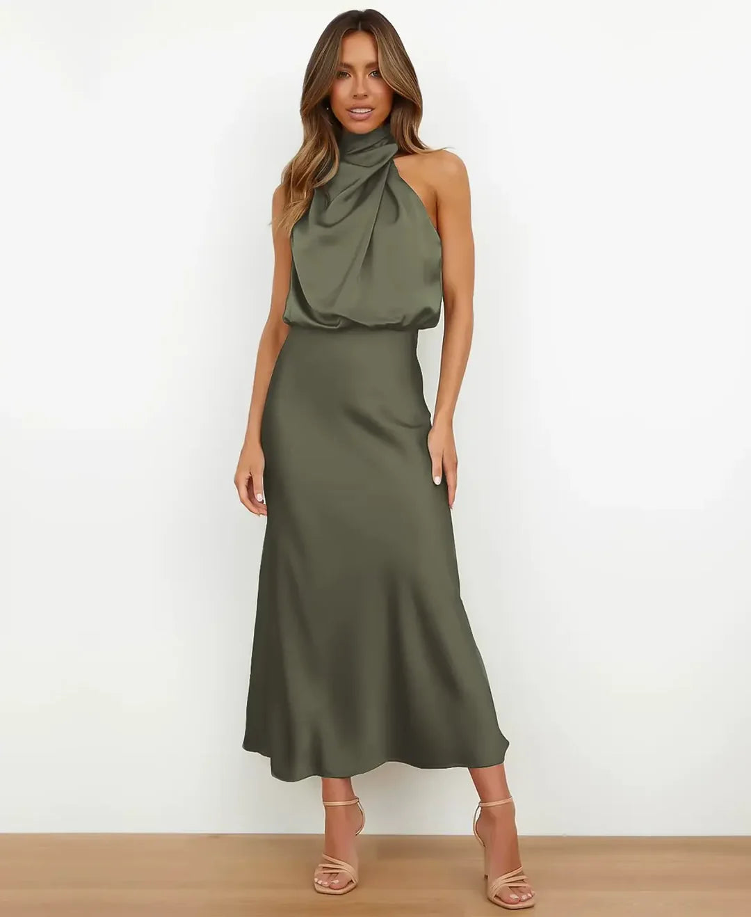 Women's Sleeveless Midi Dress with Draped Neckline - photo 26