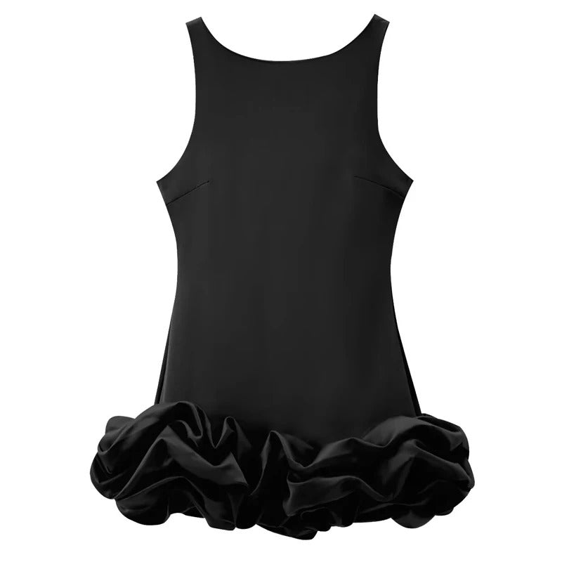 Black sleeveless mini dress with bubble hem, flat view