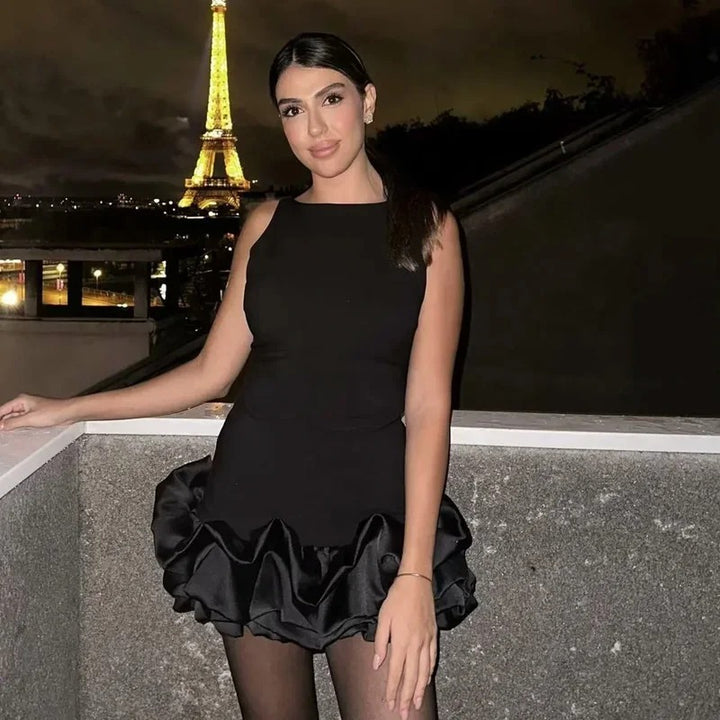 Black sleeveless mini dress with bubble hem
