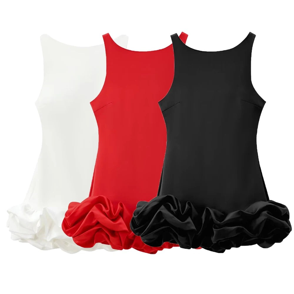 Sleeveless mini dress with bubble hem in white, red and black