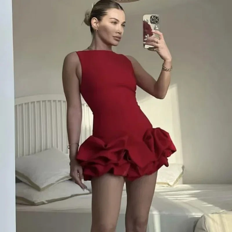 Red sleeveless mini dress with bubble hem