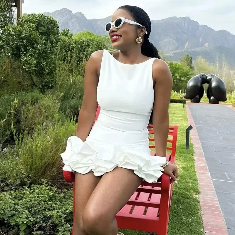 White sleeveless mini dress with bubble hem
