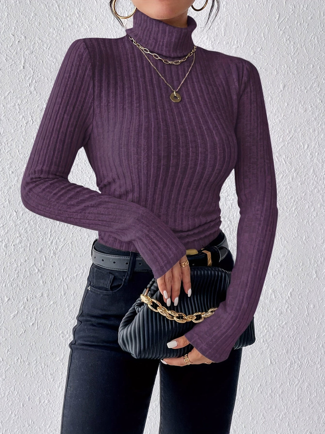 Women's Slim Fit Ribbed Turtleneck Jumper - Lilac