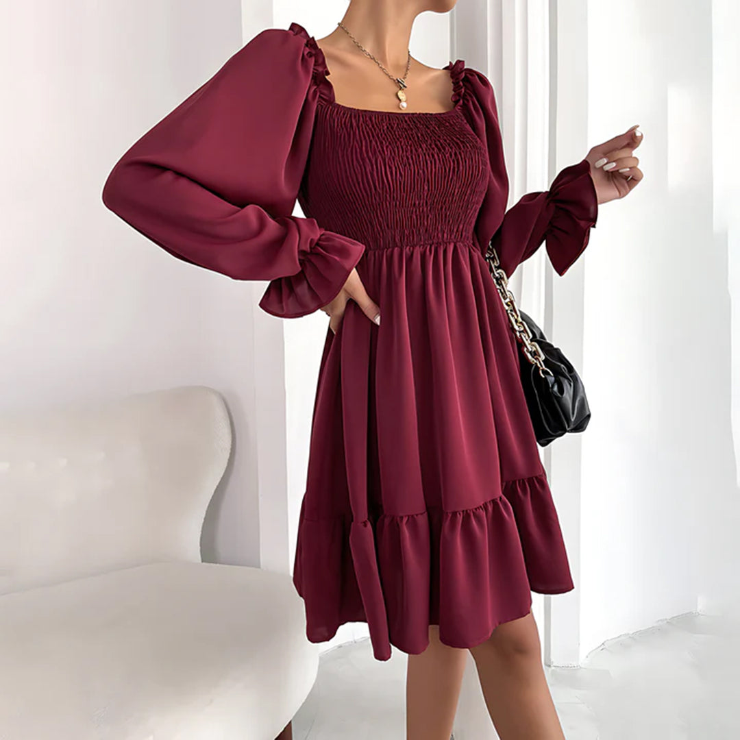Women's Square Neck Mini Dress with Ruffle Cuffs - Wine Red