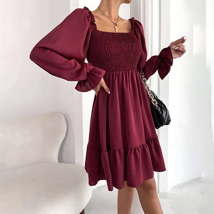 Women's Square Neck Mini Dress with Ruffle Cuffs - Wine Red