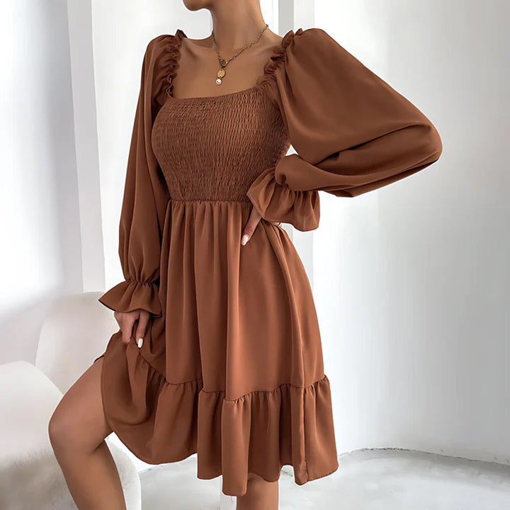 Women's Square Neck Mini Dress with Ruffle Cuffs - Camel