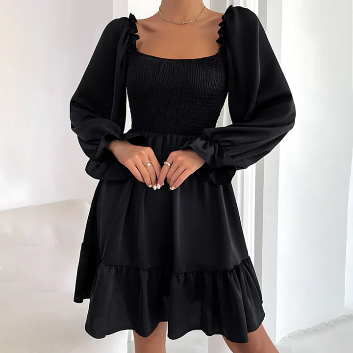 Women's Square Neck Mini Dress with Ruffle Cuffs - Black