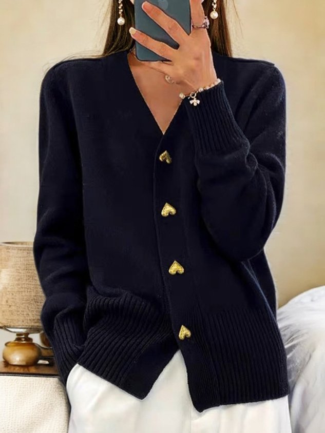 Women's V Neck Cardigan with Gold Heart Buttons - photo 1