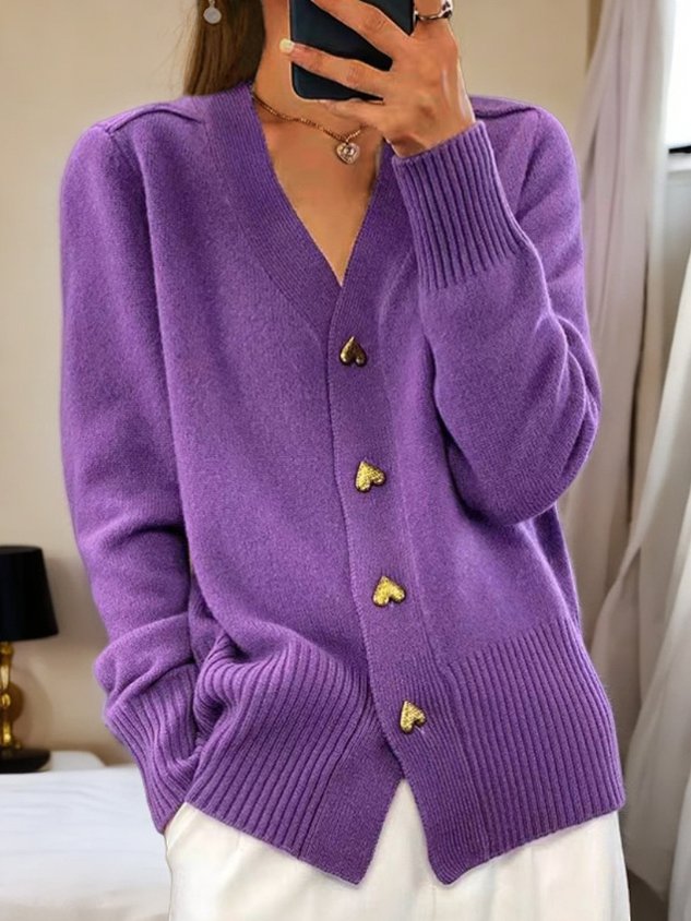 Women's V Neck Cardigan with Gold Heart Buttons - photo 4