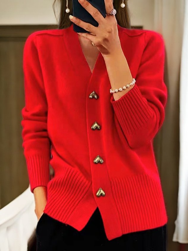 Women's V Neck Cardigan with Gold Heart Buttons - photo 5