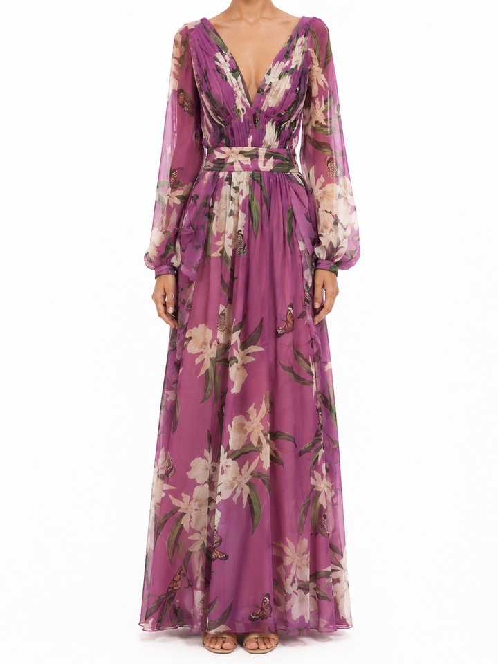 Women's V-Neck Long Sleeve Floral Chiffon Gathered Waist Maxi Dress