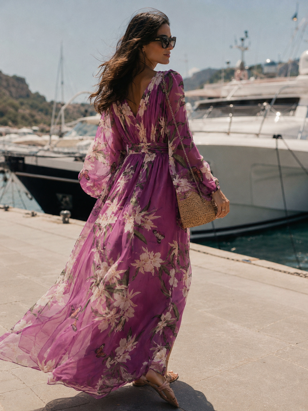 Women's V-Neck Long Sleeve Floral Chiffon Gathered Waist Maxi Dress