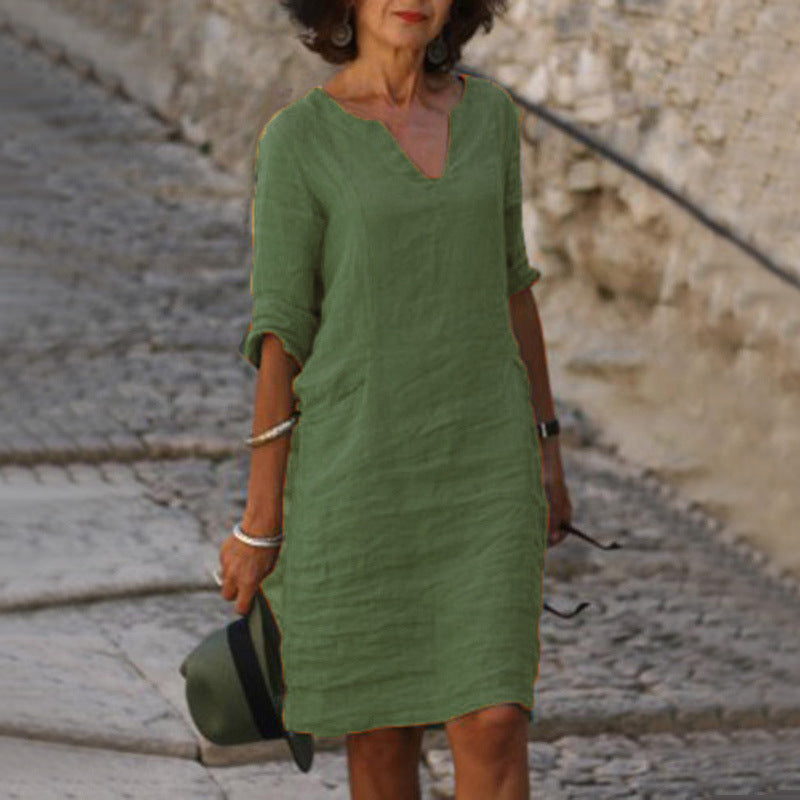 Women's V Neck Midi Dress with Three Quarter Sleeves - photo 2