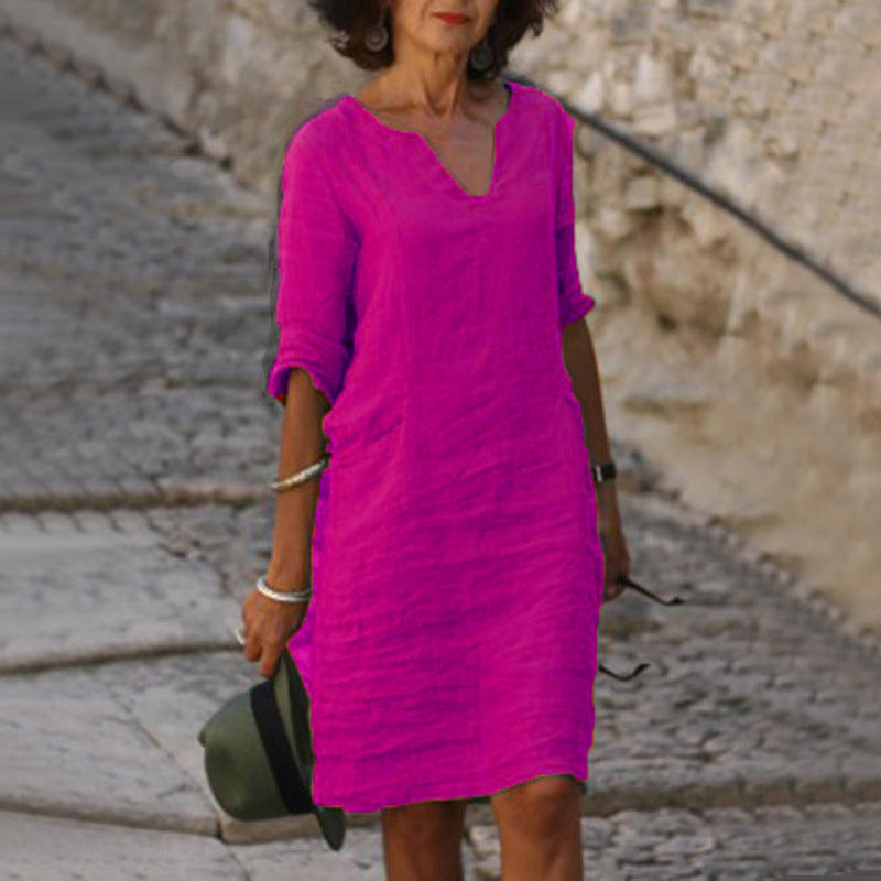 Women's V Neck Midi Dress with Three Quarter Sleeves - photo 3