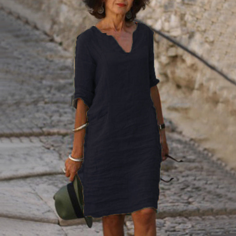 Women's V Neck Midi Dress with Three Quarter Sleeves - photo 4