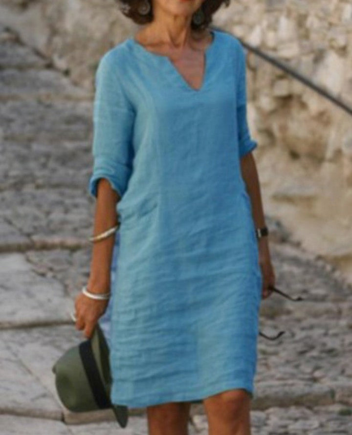 Women's V Neck Midi Dress with Three Quarter Sleeves - photo 5