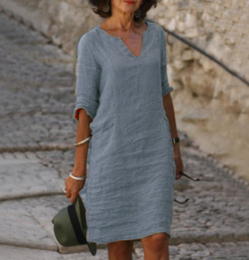 Women's V Neck Midi Dress with Three Quarter Sleeves - photo 6