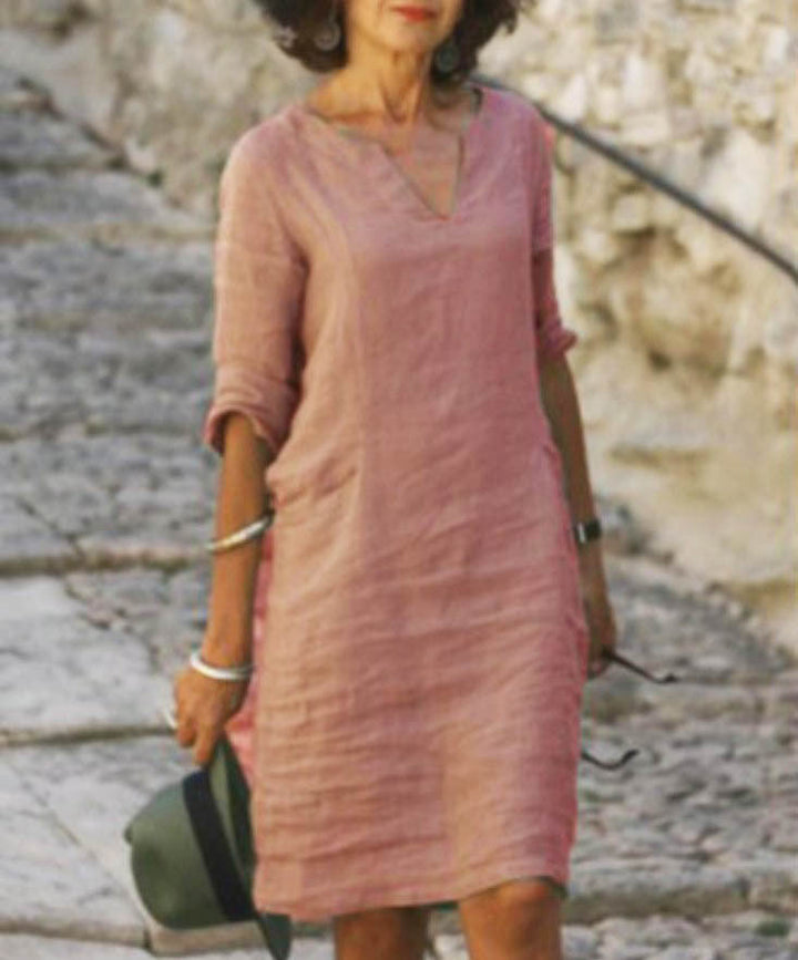 Women's V Neck Midi Dress with Three Quarter Sleeves - photo 7