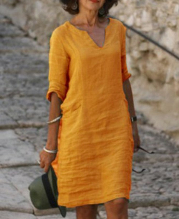 Women's V Neck Midi Dress with Three Quarter Sleeves - photo 8