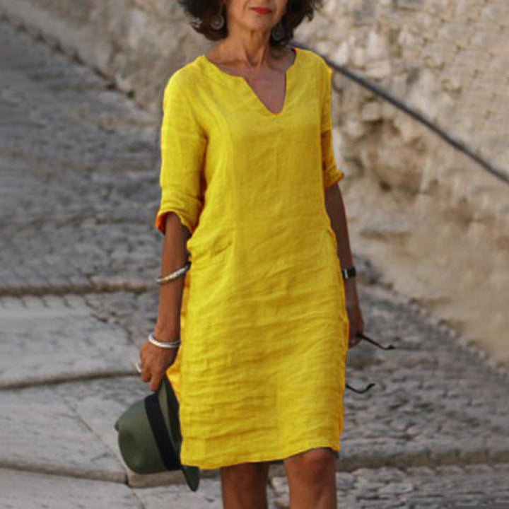 Women's V Neck Midi Dress with Three Quarter Sleeves - photo 9