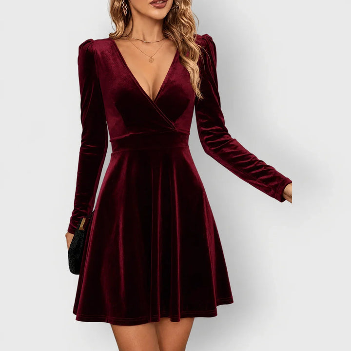Women's Velvet Skater Dress with Puff Sleeves