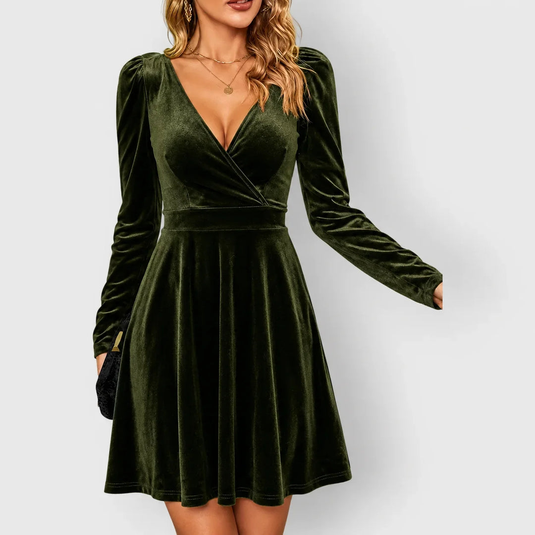 Women's Velvet Skater Dress with Puff Sleeves