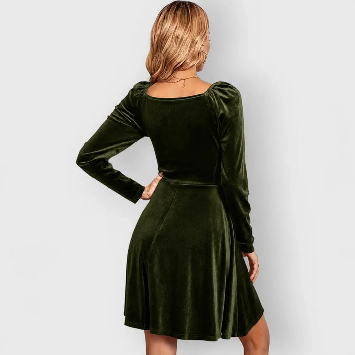 Women's Velvet Skater Dress with Puff Sleeves
