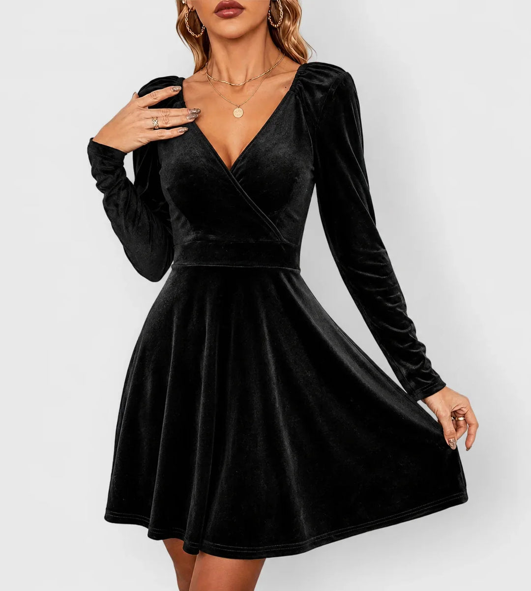 Women's Velvet Skater Dress with Puff Sleeves