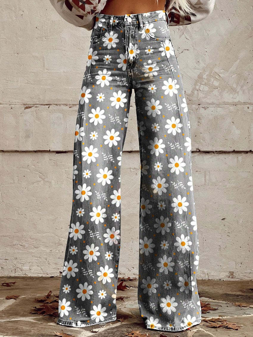 Women's Wide Printed Floral Trousers with a High Waist