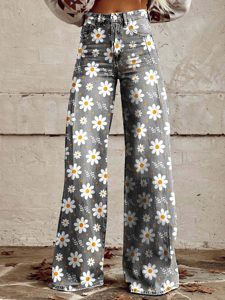 Women's Wide Printed Floral Trousers with a High Waist