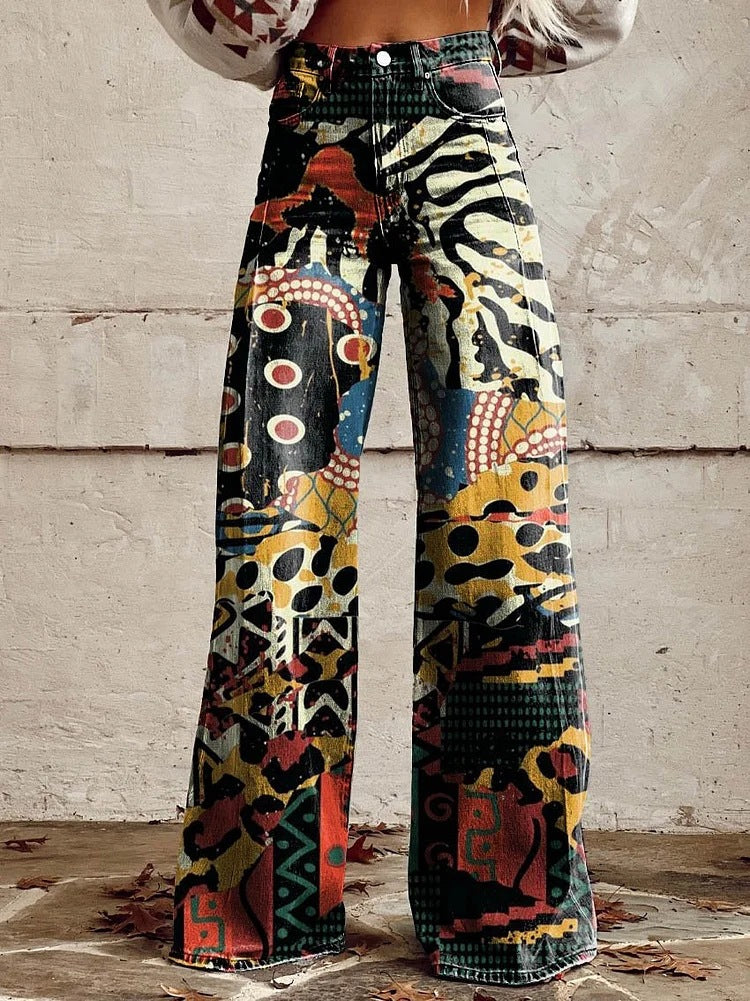 Women's Wide Printed Floral Trousers with a High Waist