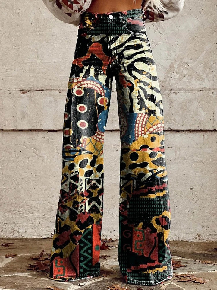 Women's Wide Printed Floral Trousers with a High Waist