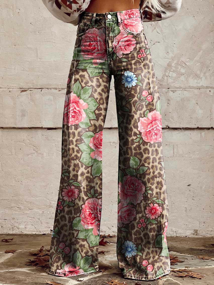 Women's Wide Printed Floral Trousers with a High Waist