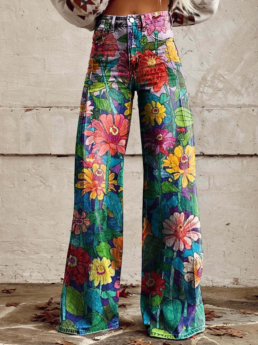 Women's Wide Printed Floral Trousers with a High Waist