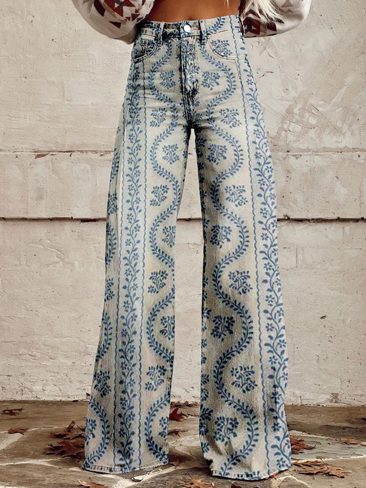 Women's Wide Printed Floral Trousers with a High Waist