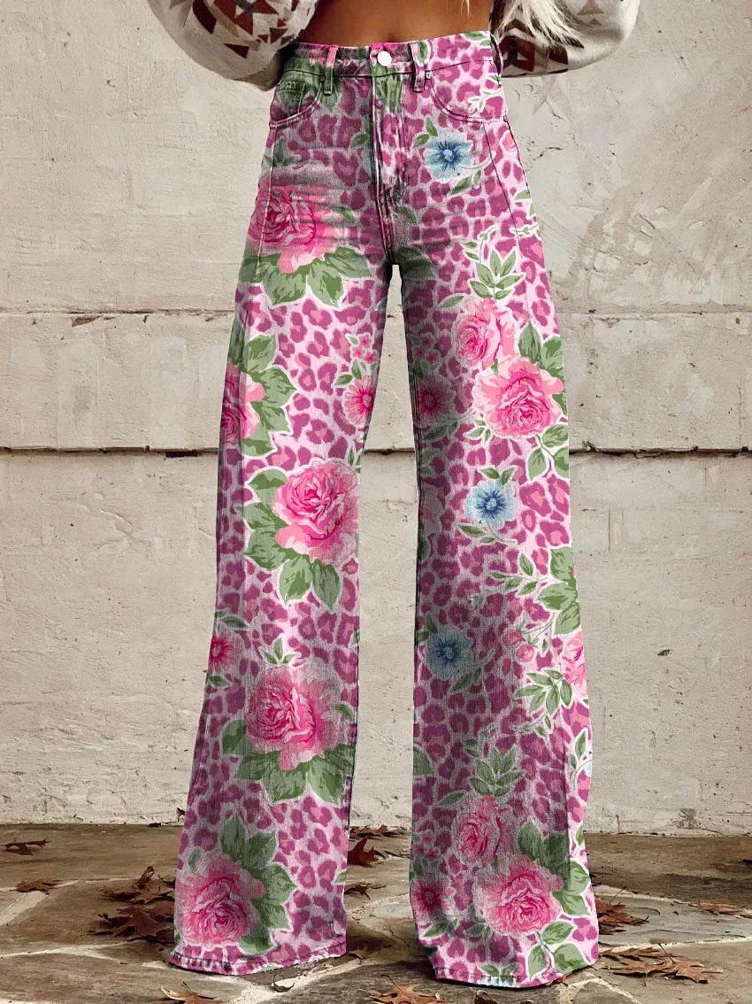 Women's Wide Printed Floral Trousers with a High Waist