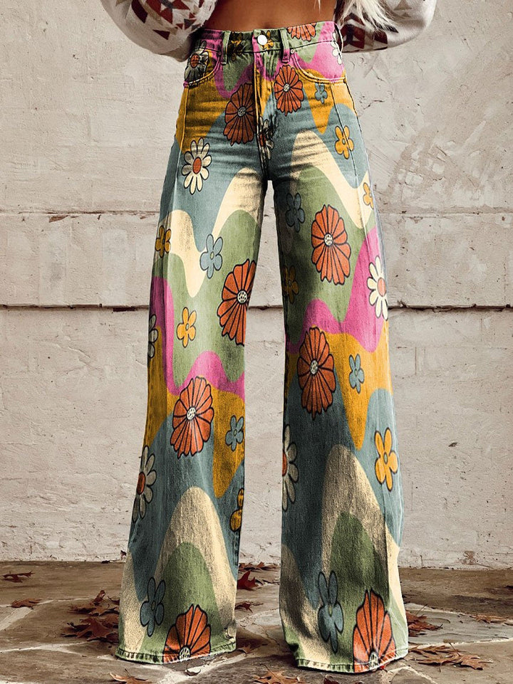 Women's Wide Printed Floral Trousers with a High Waist