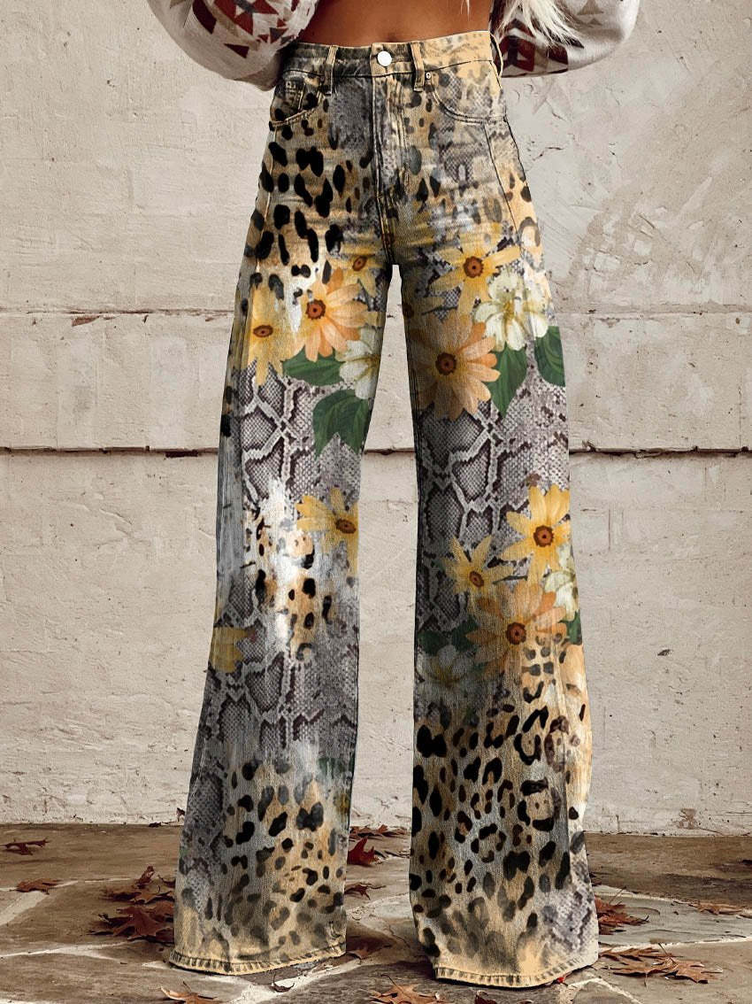 Women's Wide Printed Floral Trousers with a High Waist