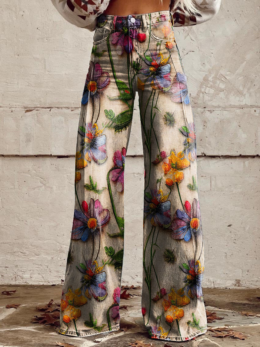 Women's Wide Printed Floral Trousers with a High Waist