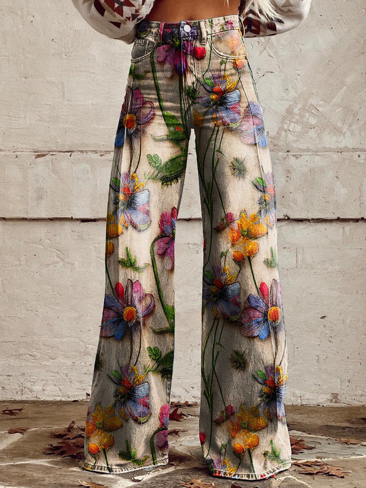 Women's Wide Printed Floral Trousers with a High Waist