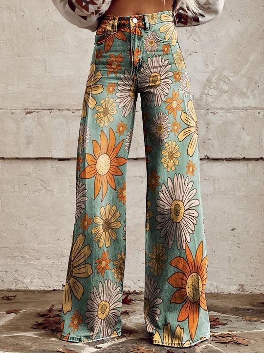 Women's Wide Printed Floral Trousers with a High Waist