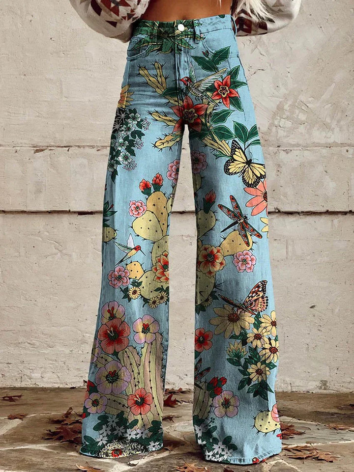 Women's Wide Printed Floral Trousers with a High Waist