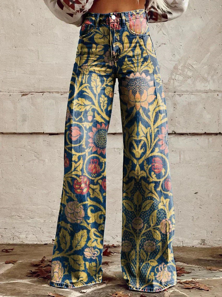 Women's Wide Printed Floral Trousers with a High Waist