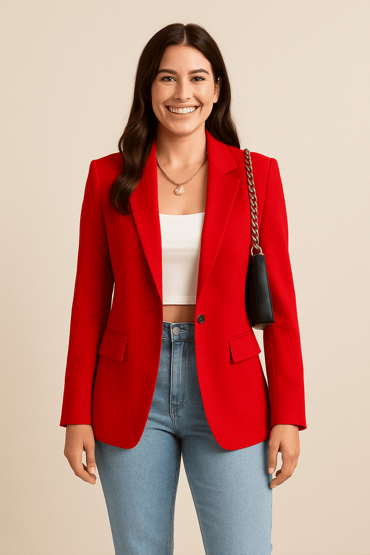 Women's Woven Blazer with Notched Lapels and One-Button Closure