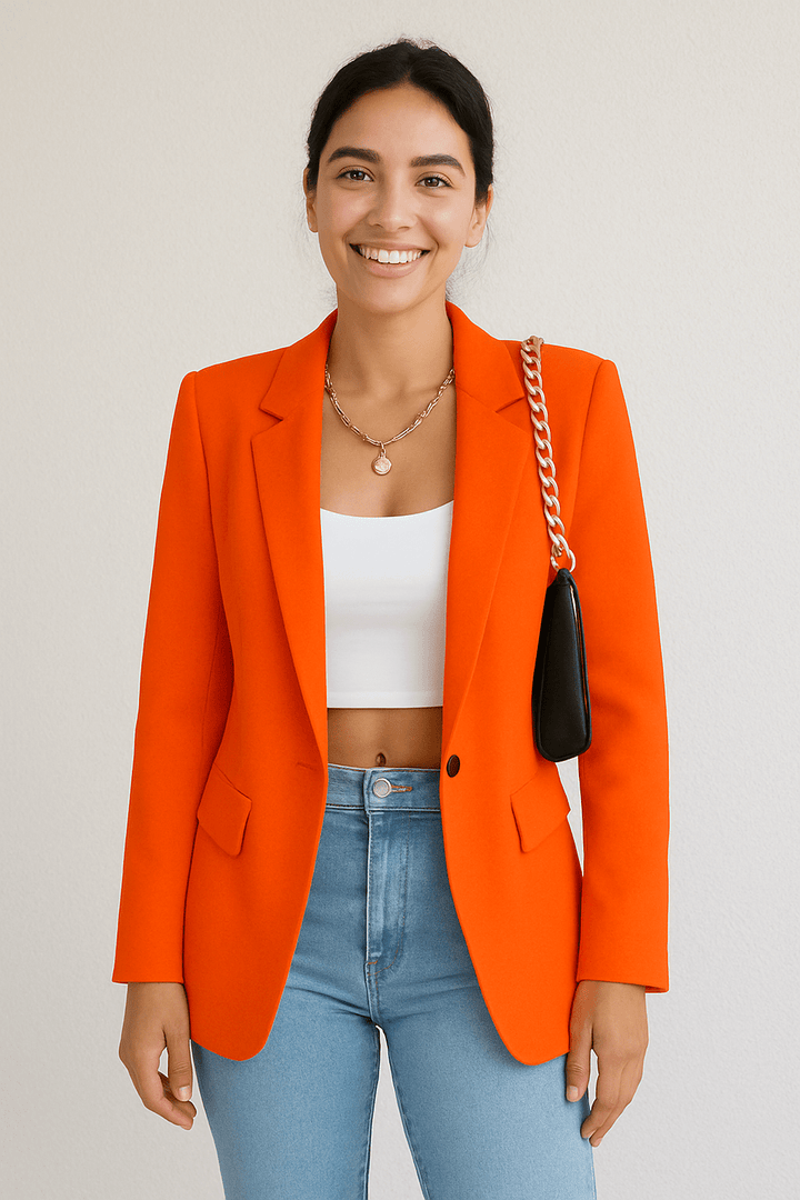 Women's Woven Blazer with Notched Lapels and One-Button Closure