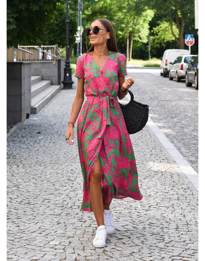 Women's Wrap Floral Dress with Short Sleeves
